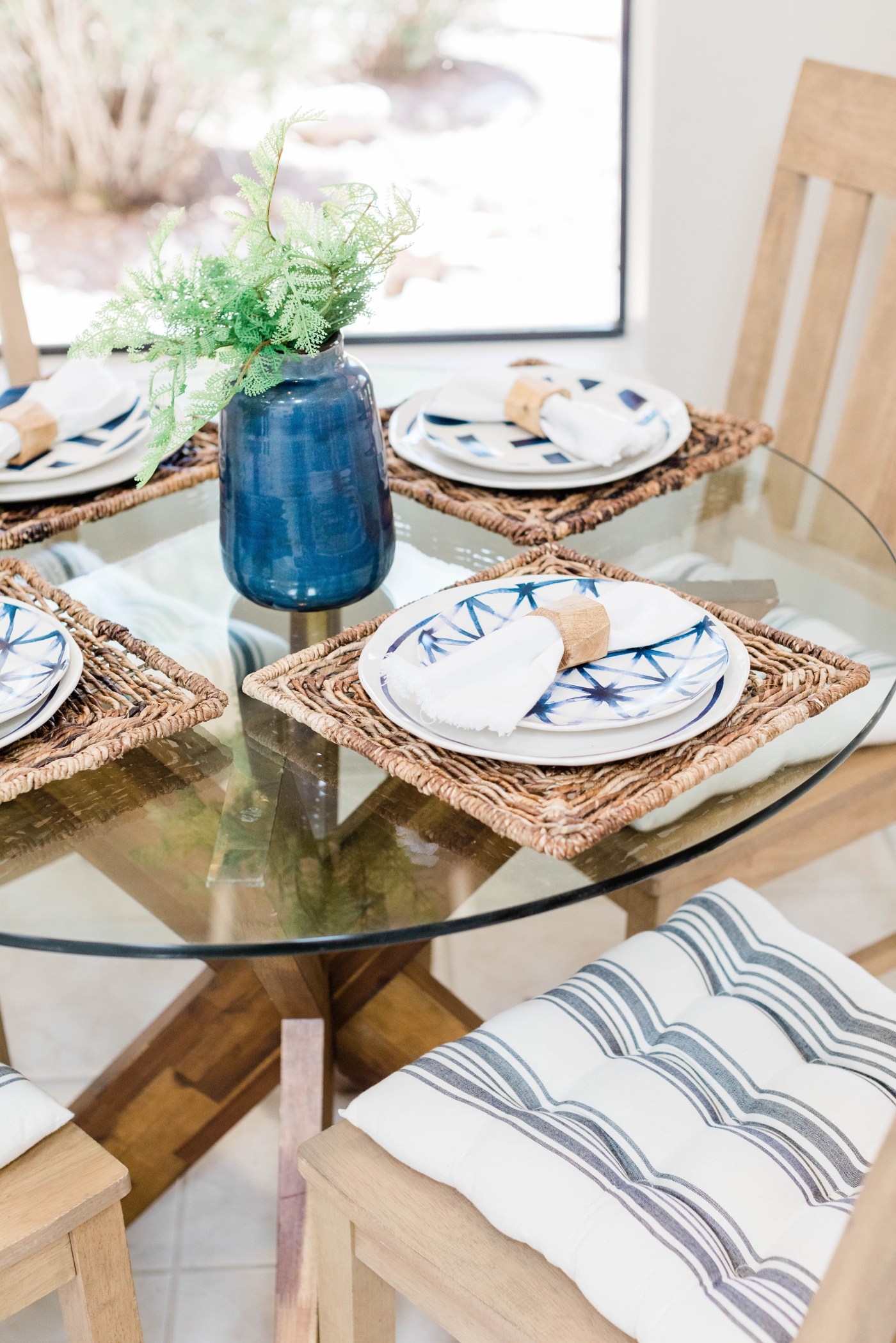 dining room table with blue details